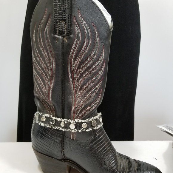 Black Denim Boot Rivet Rhinestone Choker - Picture 4 of 6